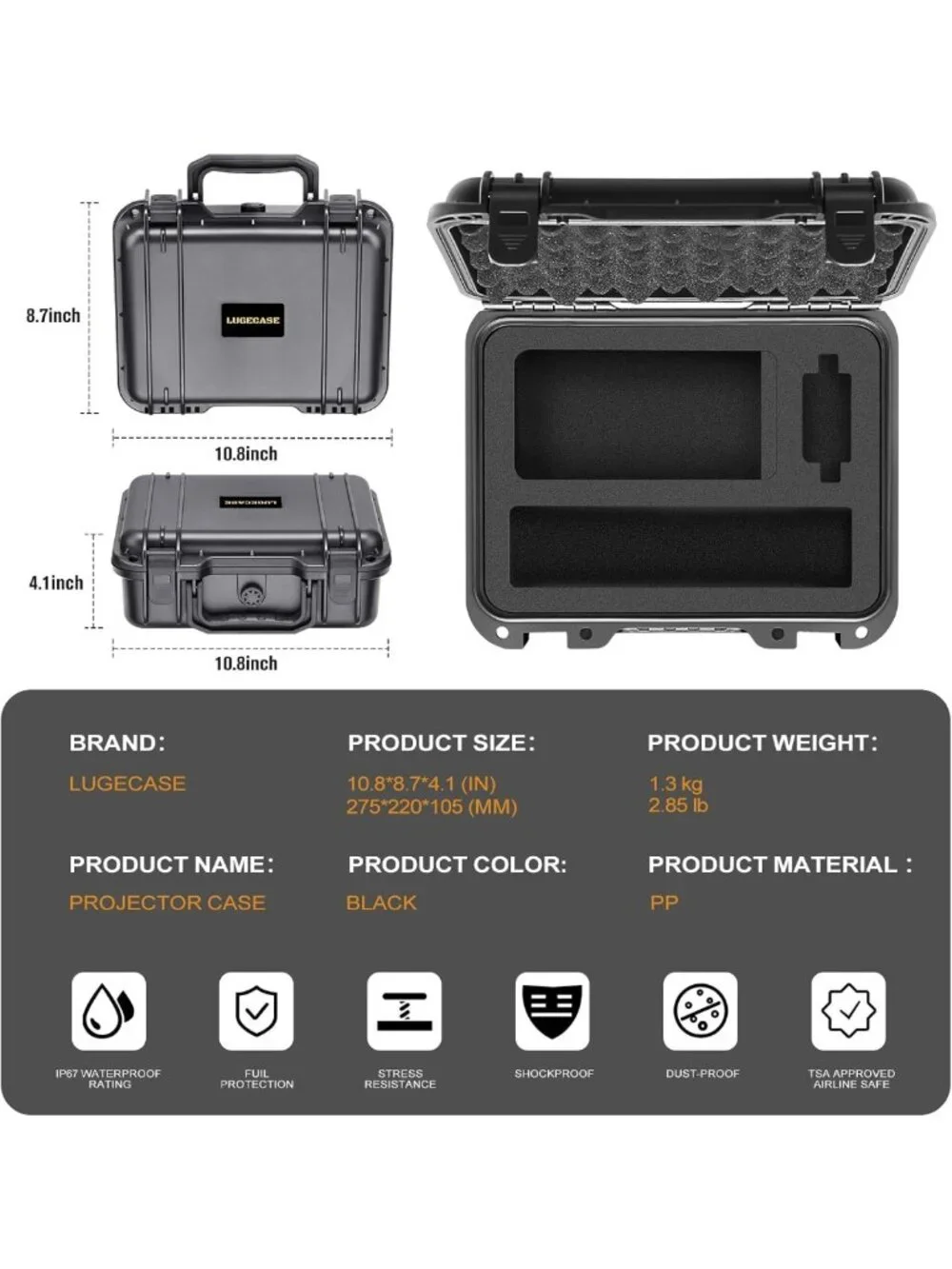 Waterproof Hard Case for Portable Projector - Travel Carrying Box & Tripod Stand